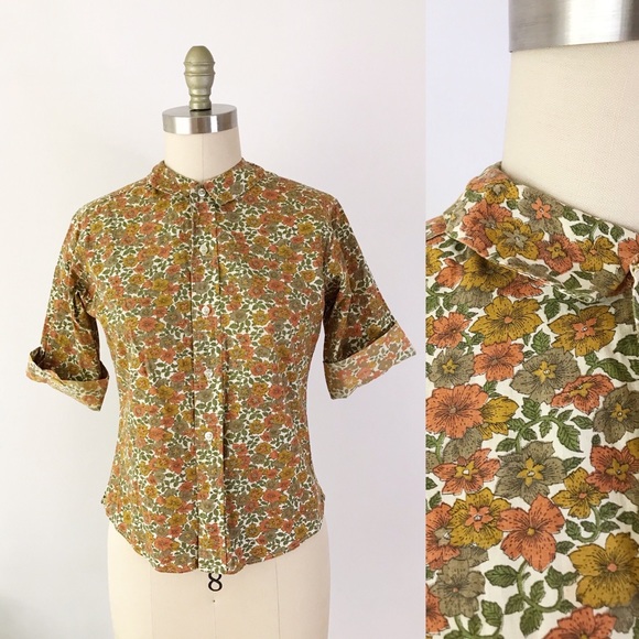 Vintage Tops - Vintage Cotton Floral 1950s Button Up Blouse Earth